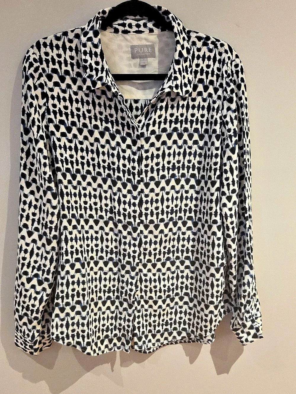 PURE Collection Women's Geometric Silk Button Down Shirt in White & Blue Size 8